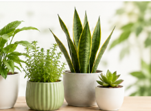 Healthy potted plants arranged on a wooden surface